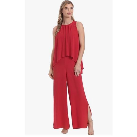 LONDON TIMES Jewel Neck High Low Popover Jumpsuit Size 4 Jalapeno Red NWOT - Picture 1 of 12